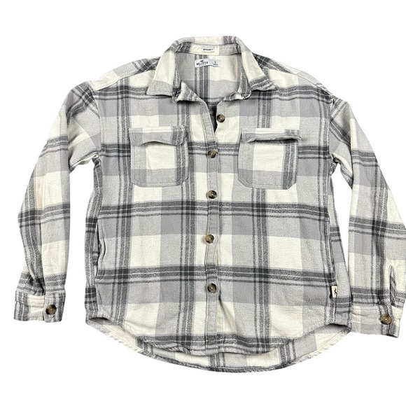 Hollister Tops - Hollister Boyfriend Fit Flannel Shirt Shacket Gray White Plaid Pockets Sz Small